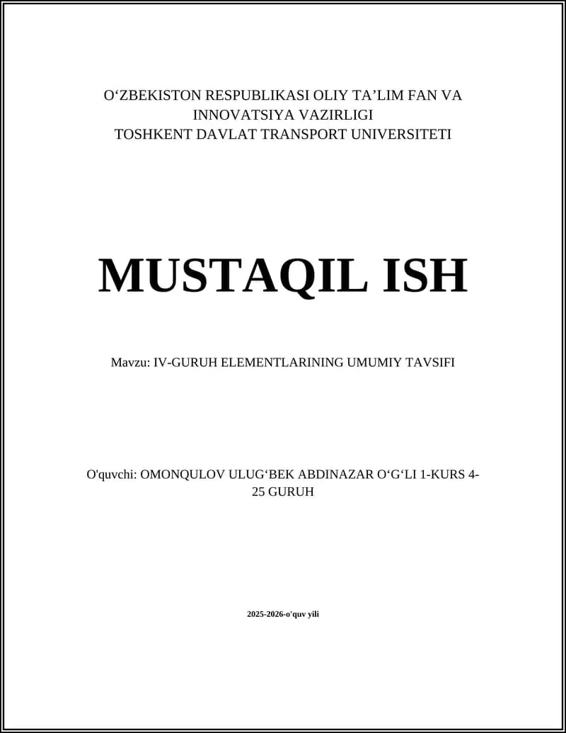 IV-GURUH ELEMENTLARINING UMUMIY TAVSIFI