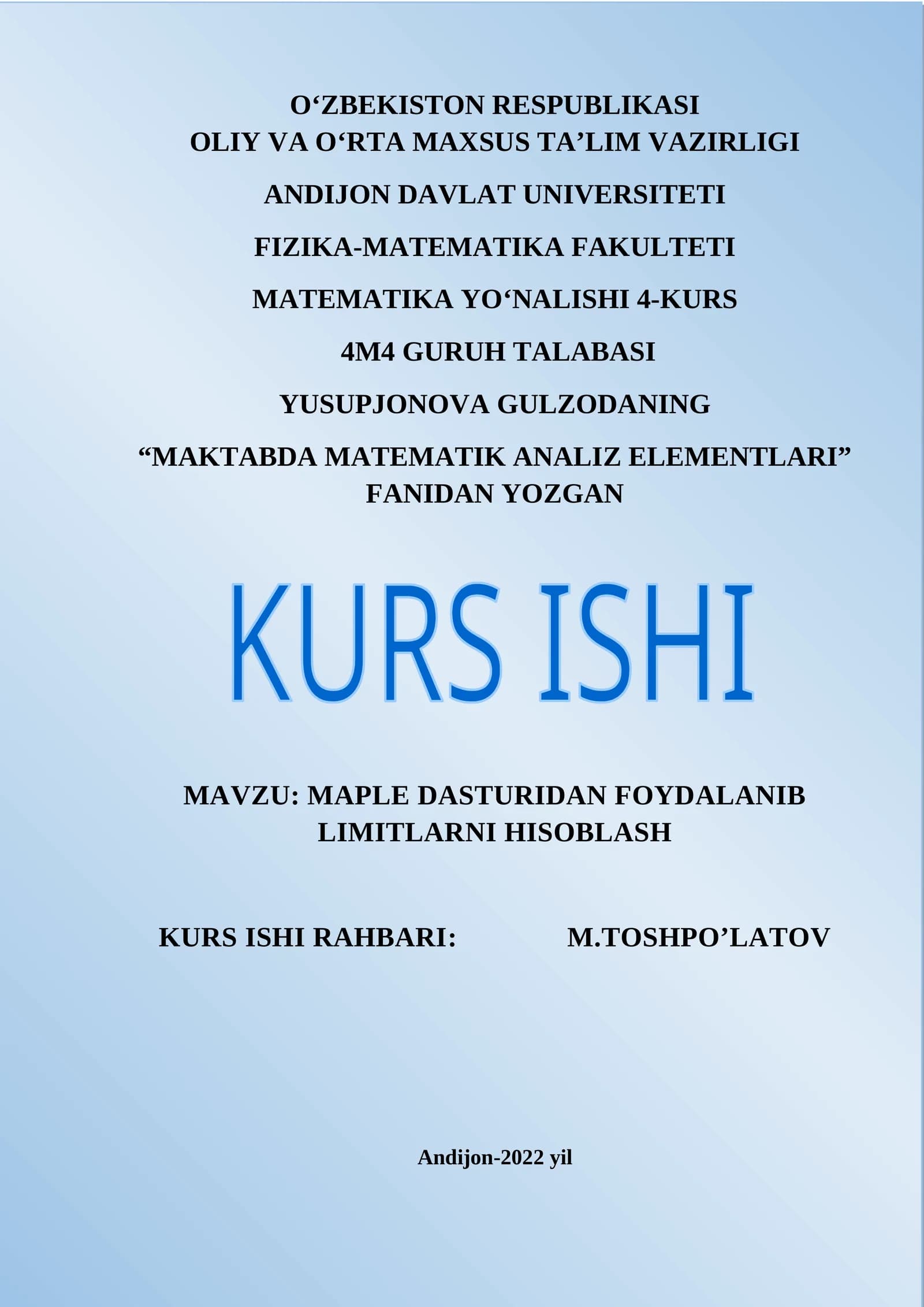 MAPLE DASTURIDAN FOYDALANIB LIMITLARNI HISOBLASH
