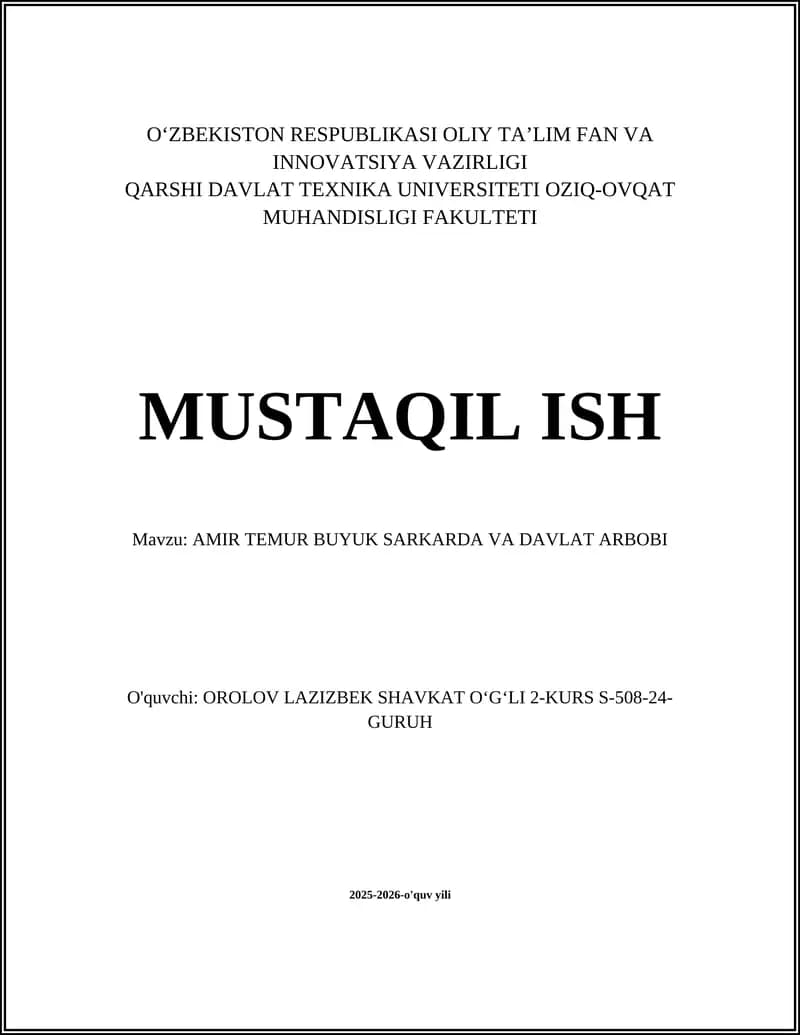 AMIR TEMUR BUYUK SARKARDA VA DAVLAT ARBOBI