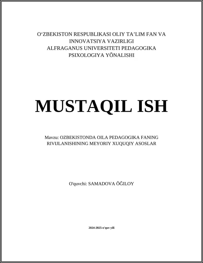 Oila Pedagogikasining Huquqiy Asoslari