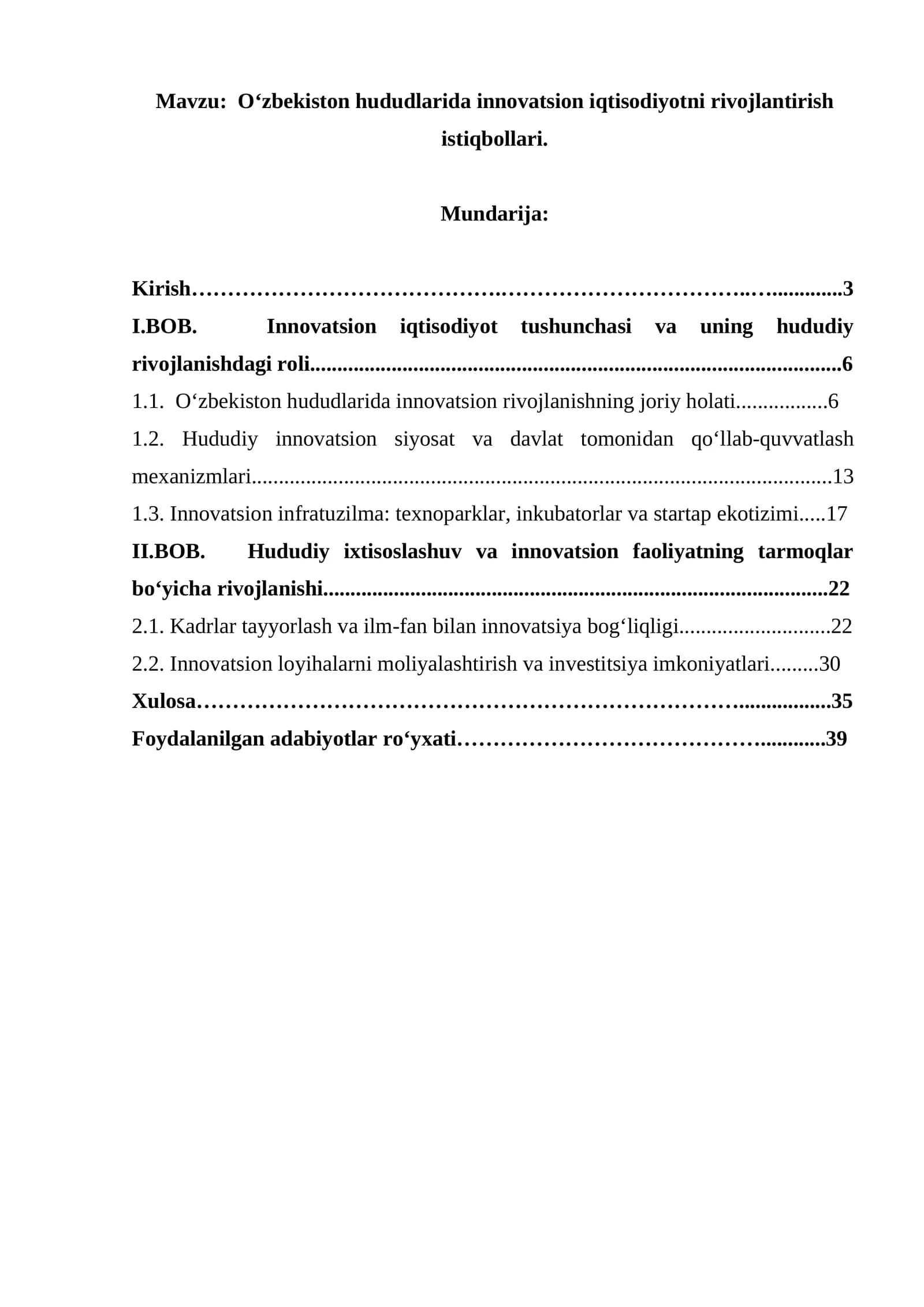 O‘zbekiston hududlarida innovatsion iqtisodiyotni rivojlantirish istiqbollari