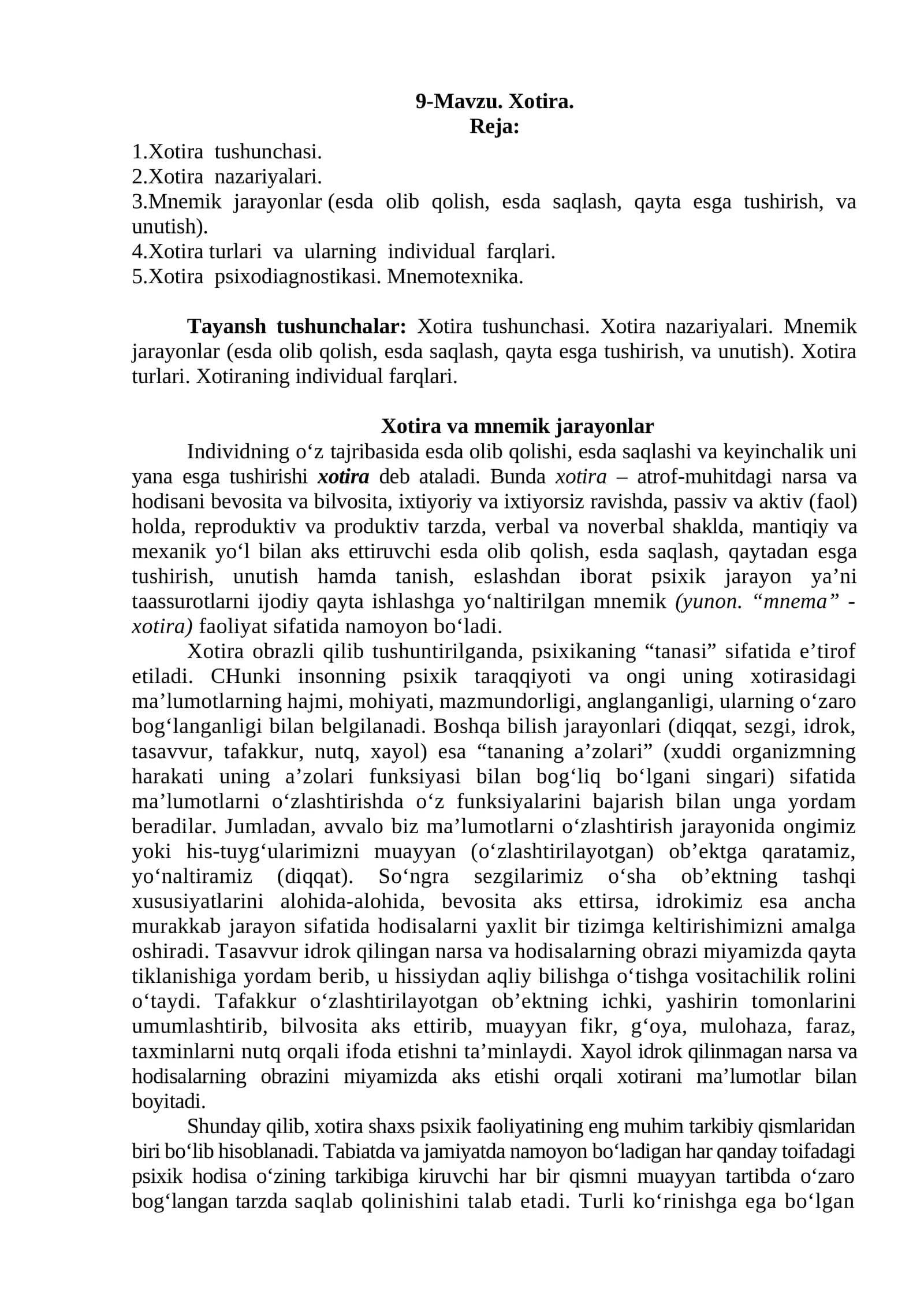Xotira va mnemik jarayonlar