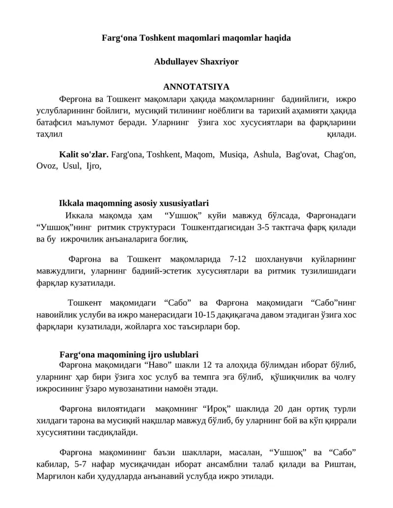 Fargʻona Toshkent maqomlari maqomlar haqida