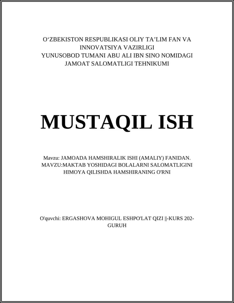 JAMOADA HAMSHIRALIK ISHI (AMALIY) FANIDAN