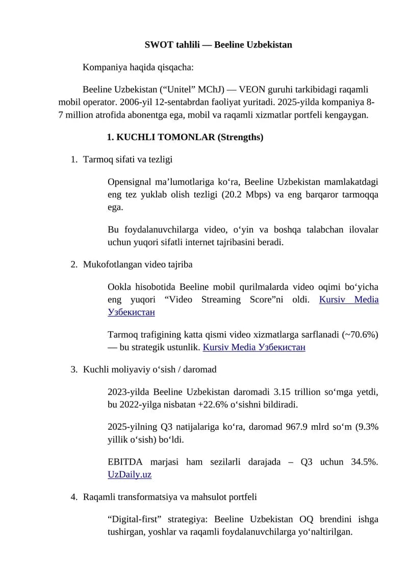 SWOT tahlili — Beeline Uzbekistan