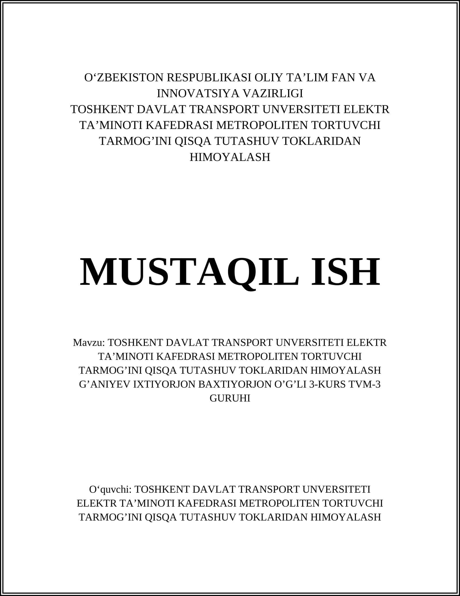 Metropoliten tortuvchi tarmog’ini qisqa tutashuv toklari