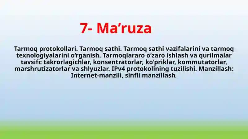 Tarmoq protokollari. Tarmoq sathi. Tarmoq sathi vazifalarini va tarmoq texnologiyalarini o‘rganish. Tarmoqlararo o‘zaro ishlash va qurilmalar tavsifi: takrorlagichlar, konsentratorlar, ko‘priklar, kommutatorlar, marshrutizatorlar va shlyuzlar. IPv4 protokolining tuzilishi. Manzillash: Internet-manzili, sinfli manzillash.