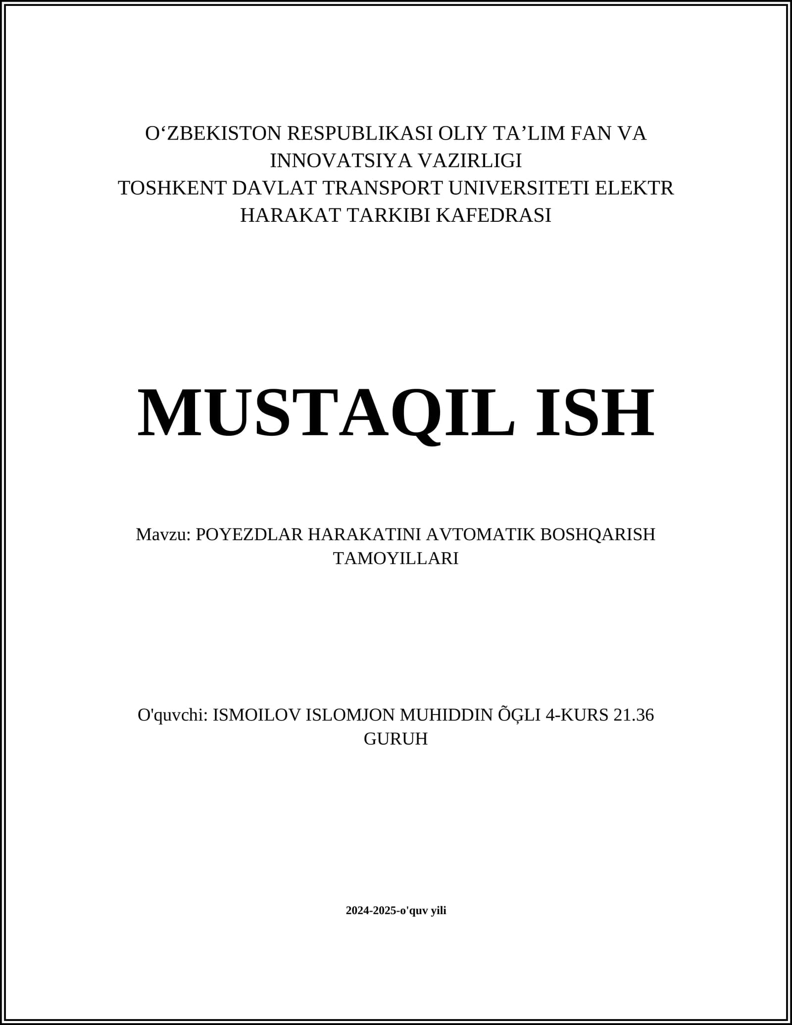 POYEZDLAR HARAKATINI AVTOMATIK BOSHQARISH TAMOYILLARI