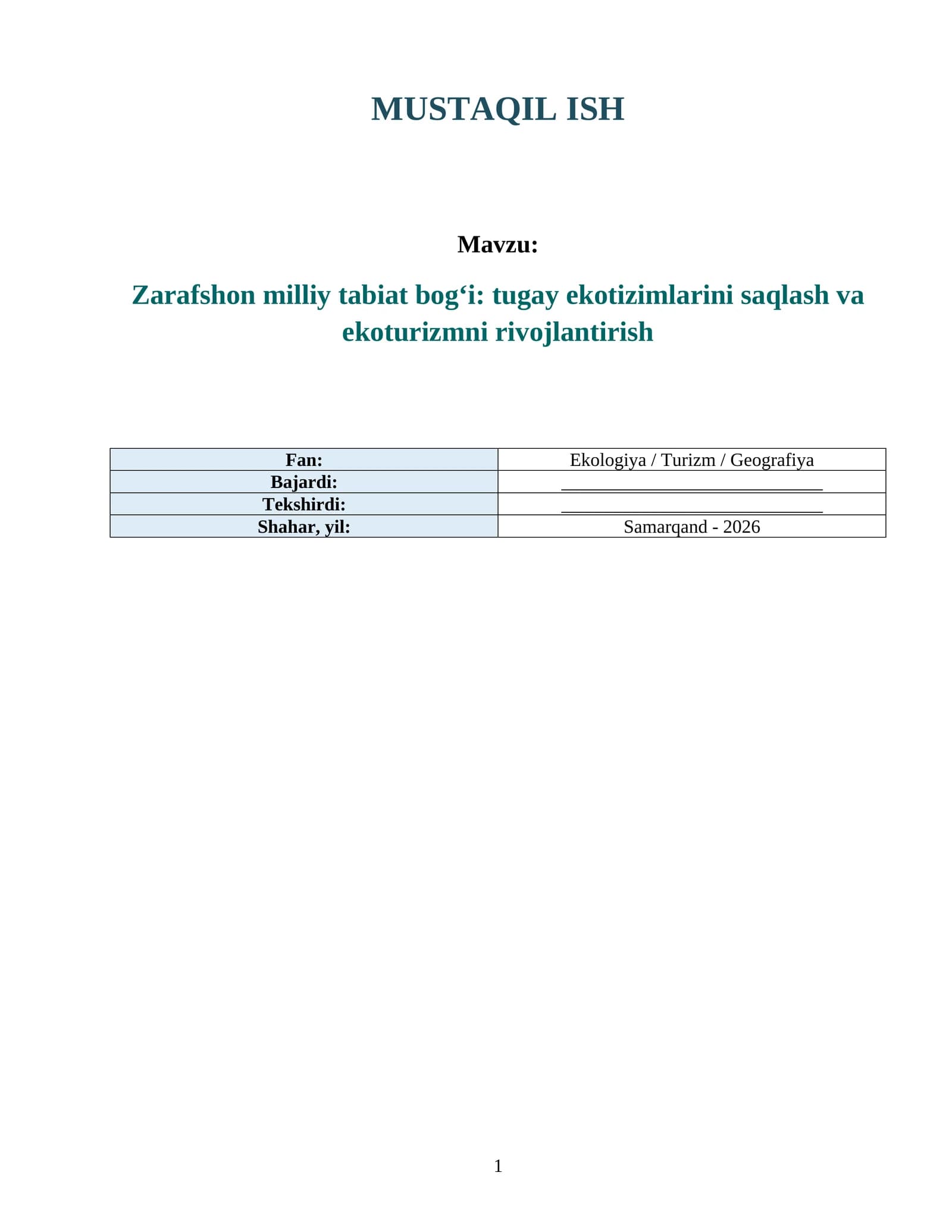 Zarafshon milliy tabiat bog‘i haqida tayyor mustaqil ish — DOCX/PDF