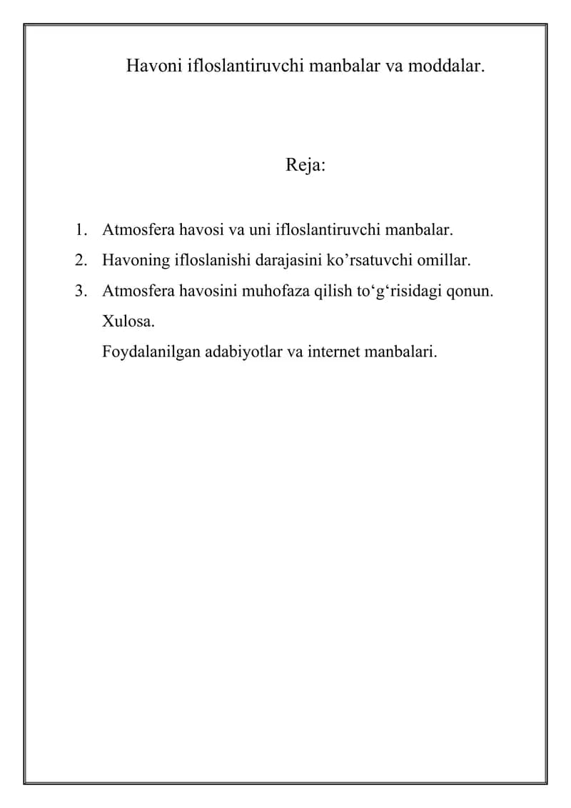 Atmosfera havosi va uni ifloslantiruvchi manbalar