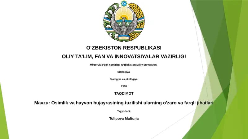Osimlik va hayvon hujayrasining tuzilishi ularning o'zaro va farqli jihatlari
