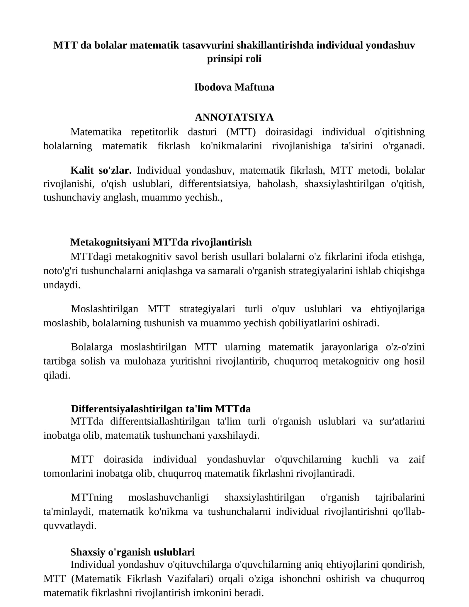 Metakognitsiyani MTTda rivojlantirish
