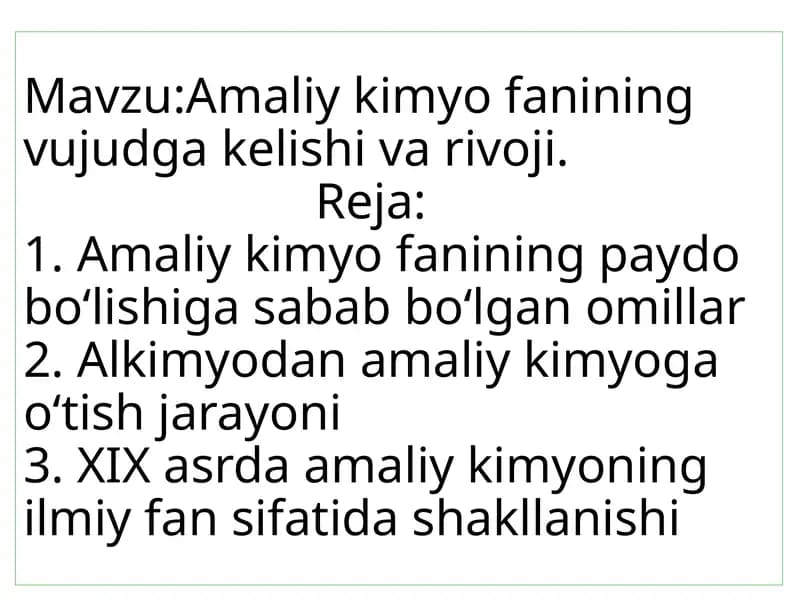 Amaliy kimyo fanining vujudga kelishi va rivoji