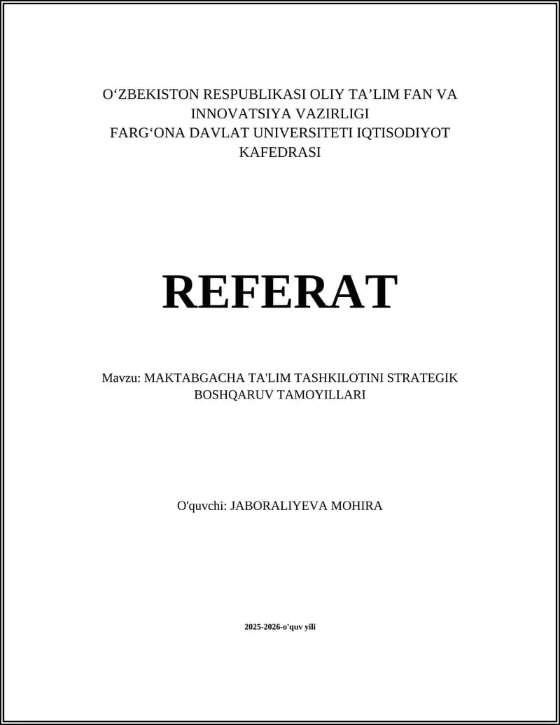 MAKTABGACHA TA'LIM TASHKILOTINI STRATEGIK BOSHQARUV TAMOYILLARI