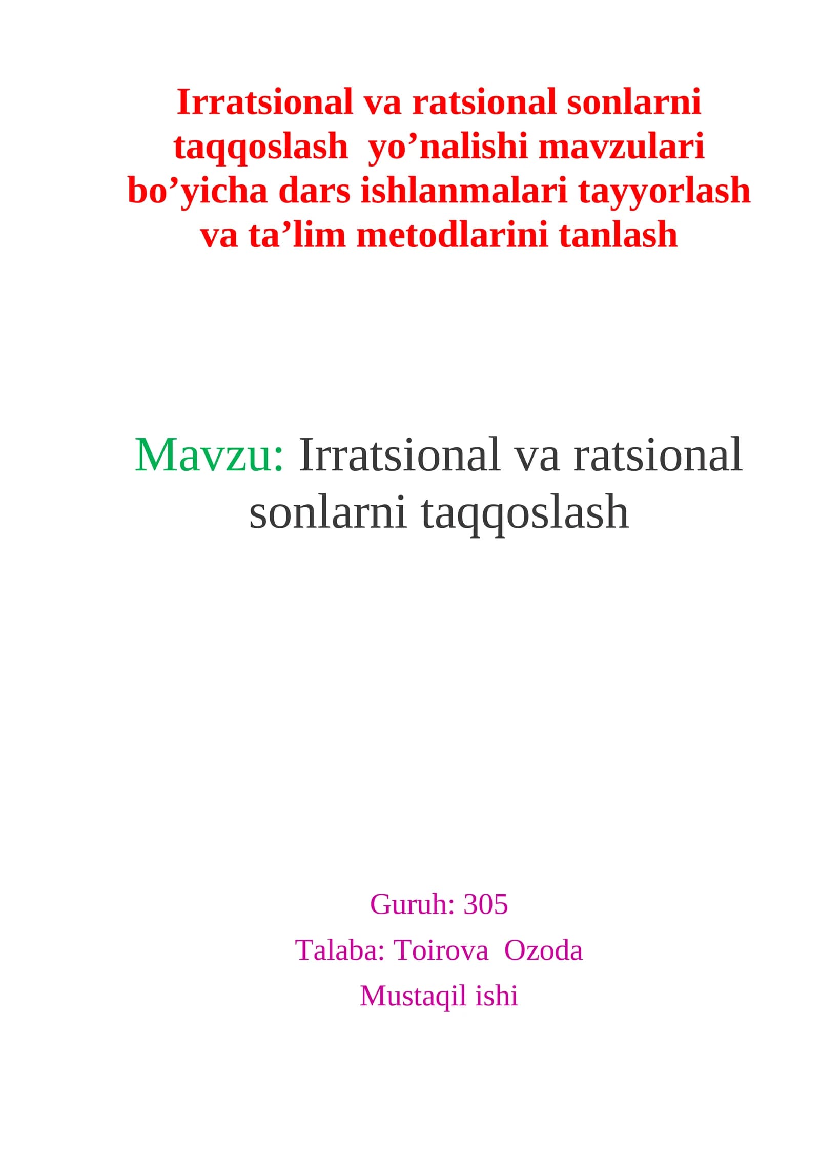 Irratsional va ratsional sonlarni taqqoslash