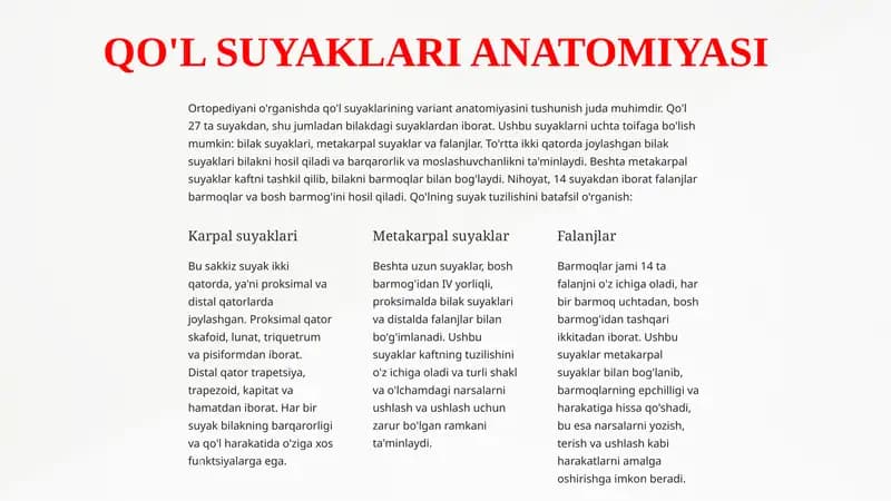 QO'L SUYAKLARI ANATOMIYASI
