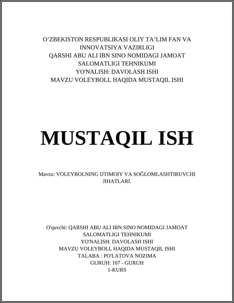 VOLEYBOLL HAQIDA MUSTAQIL ISHI