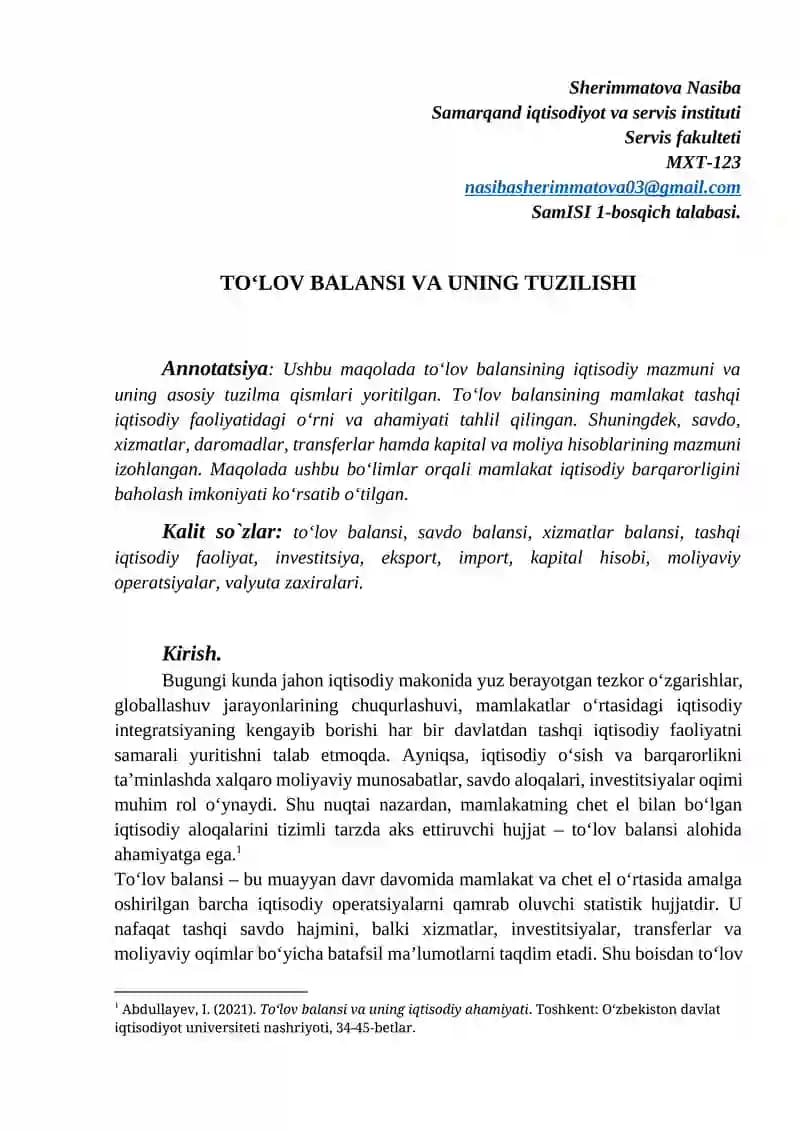 TO‘LOV BALANSI VA UNING TUZILISHI