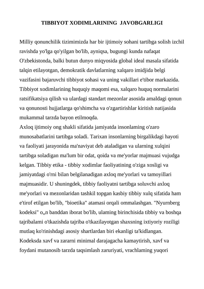 Tibbiyot Xodimlarining Javobgarligi