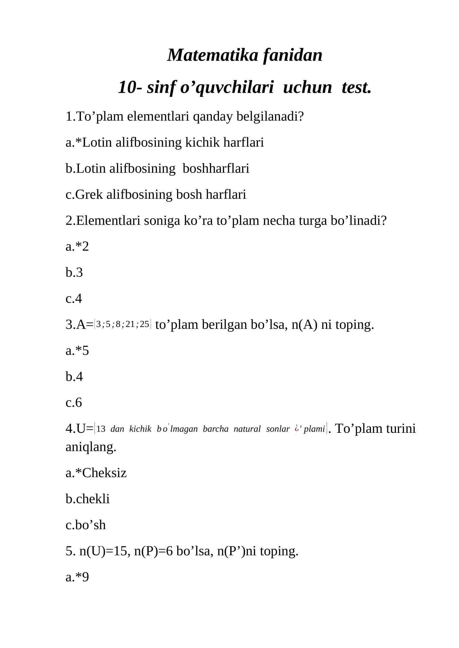 Matematika fanidan 10- sinf o’quvchilari uchun test