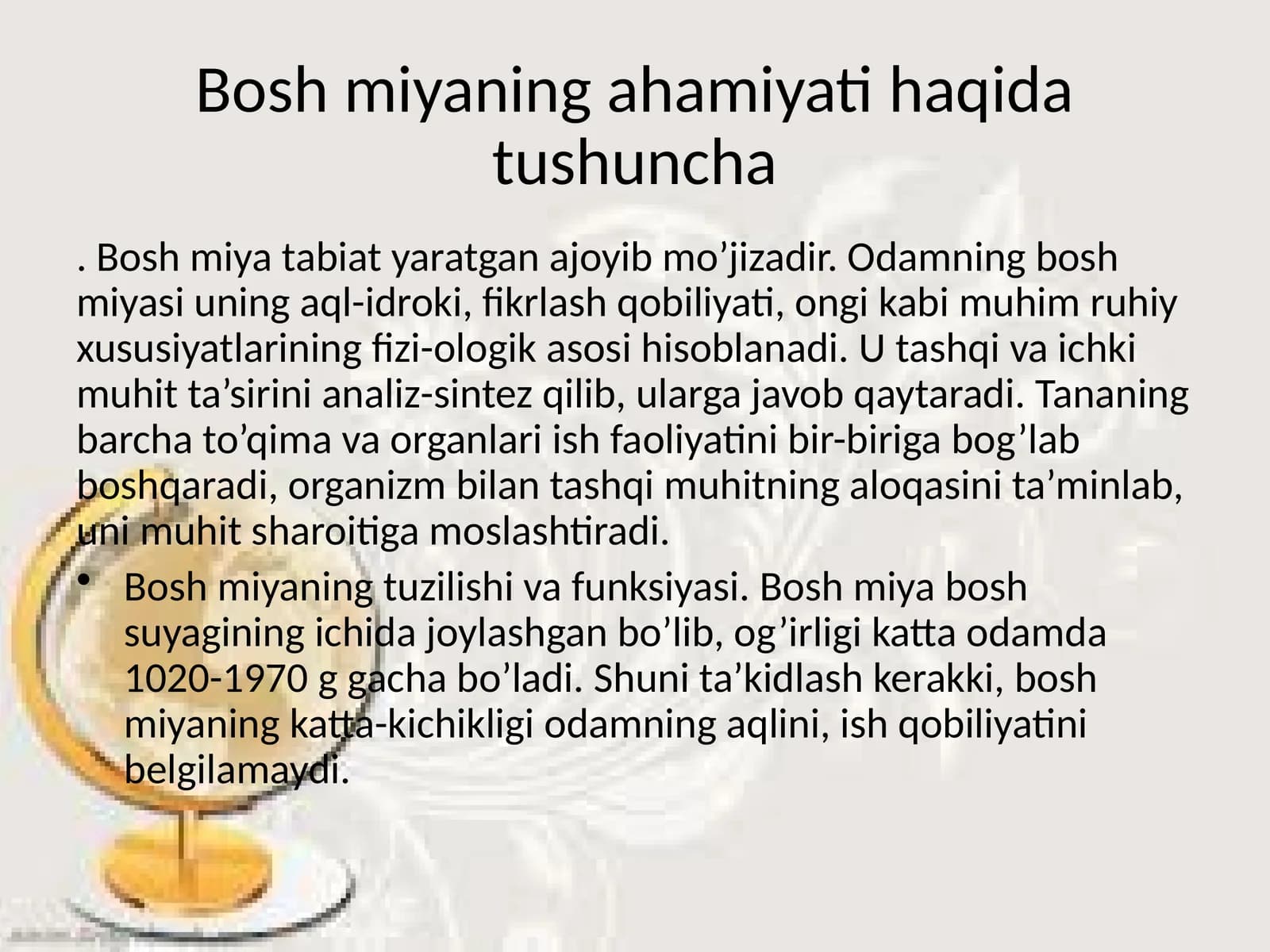 Bosh miya tuzilishi va funktsiyasi