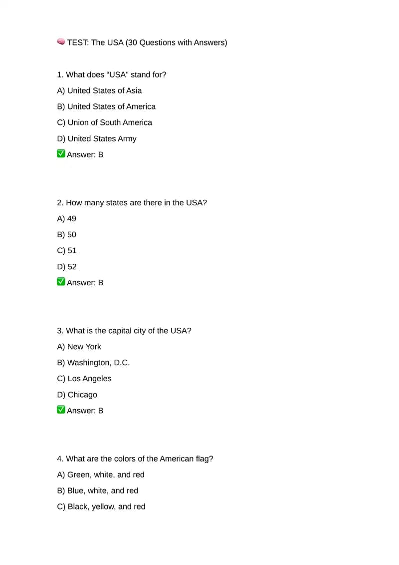 The USA (30 Questions with Answers)