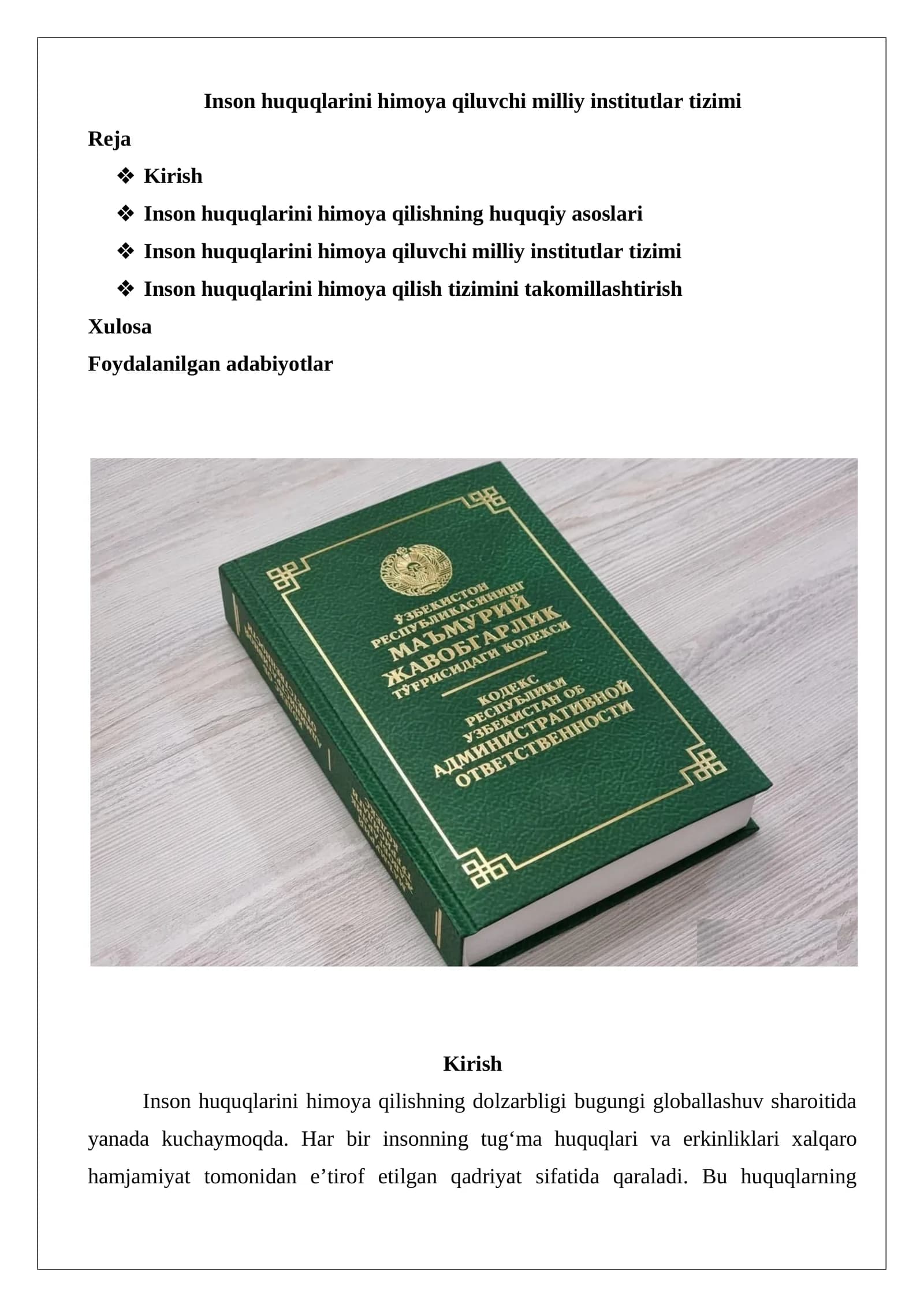Inson huquqlarini himoya qiluvchi milliy institutlar tizimi