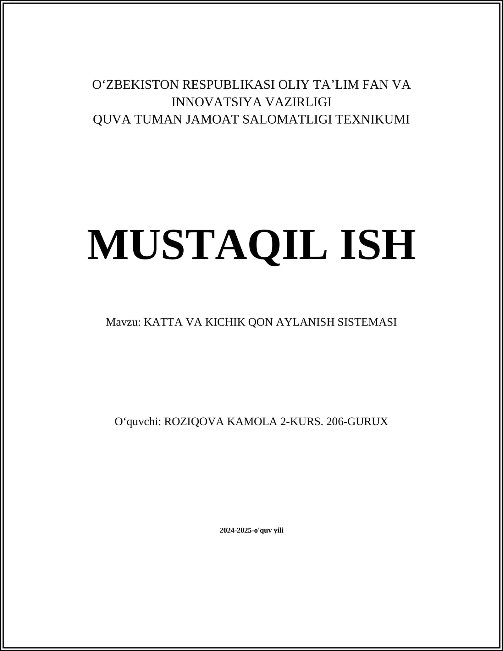KATTA VA KICHIK QON AYLANISH SISTEMASI