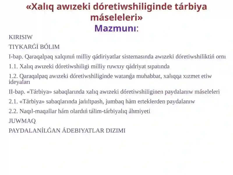 Xalıq awızeki dóretiwshiliginde tárbiya máseleleri