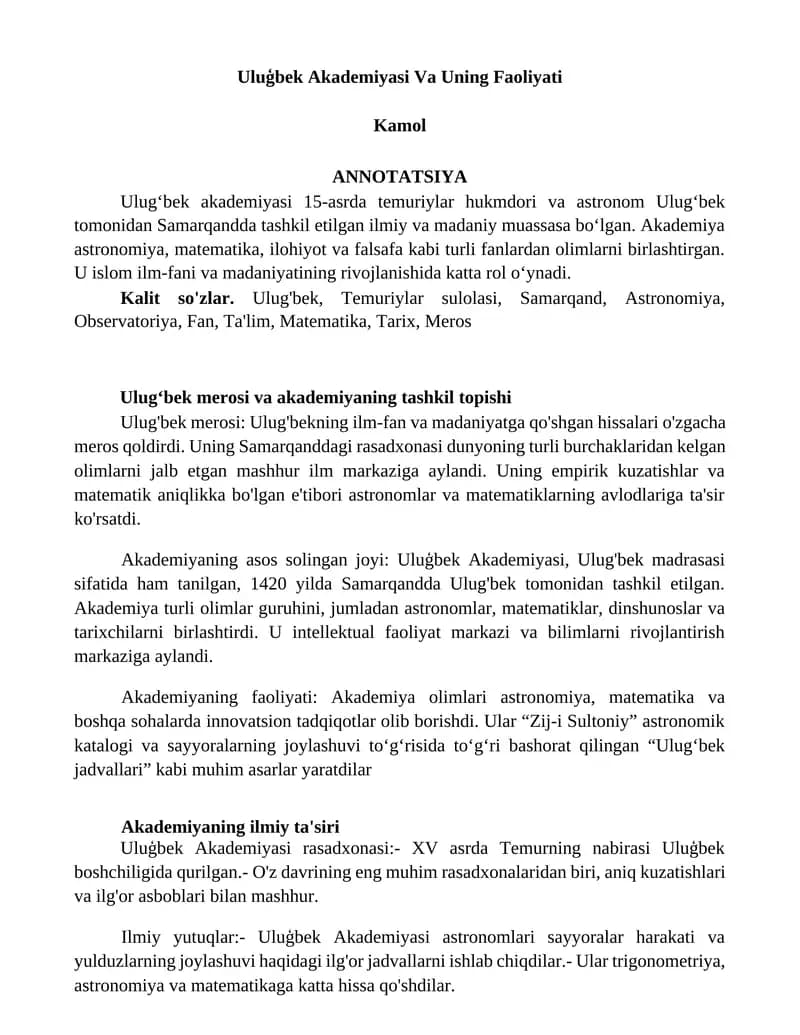 Uluģbek Akademiyasi Va Uning Faoliyati