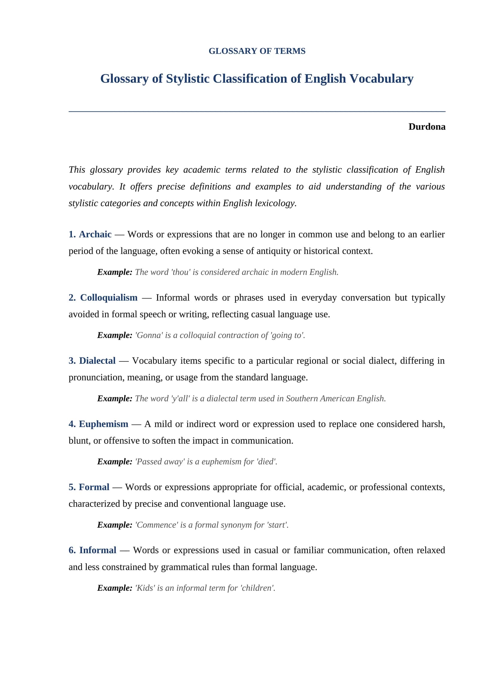 Glossary of Stylistic Classification of English Vocabulary