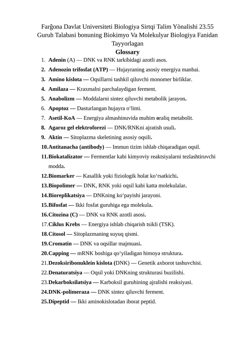 Biokimyo Va Molekulyar Biologiya Fanidan  Glossary