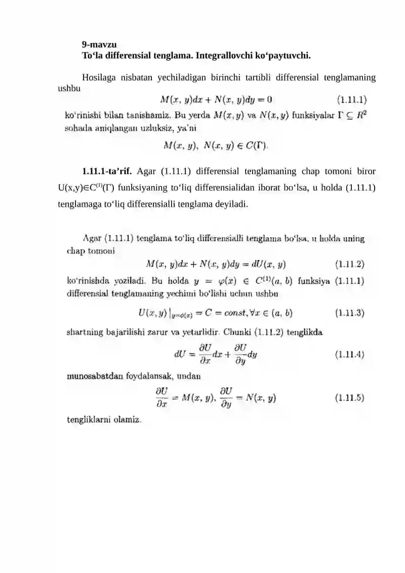 Toʻla differensial tenglama. Integrallovchi koʻpaytuvchi.