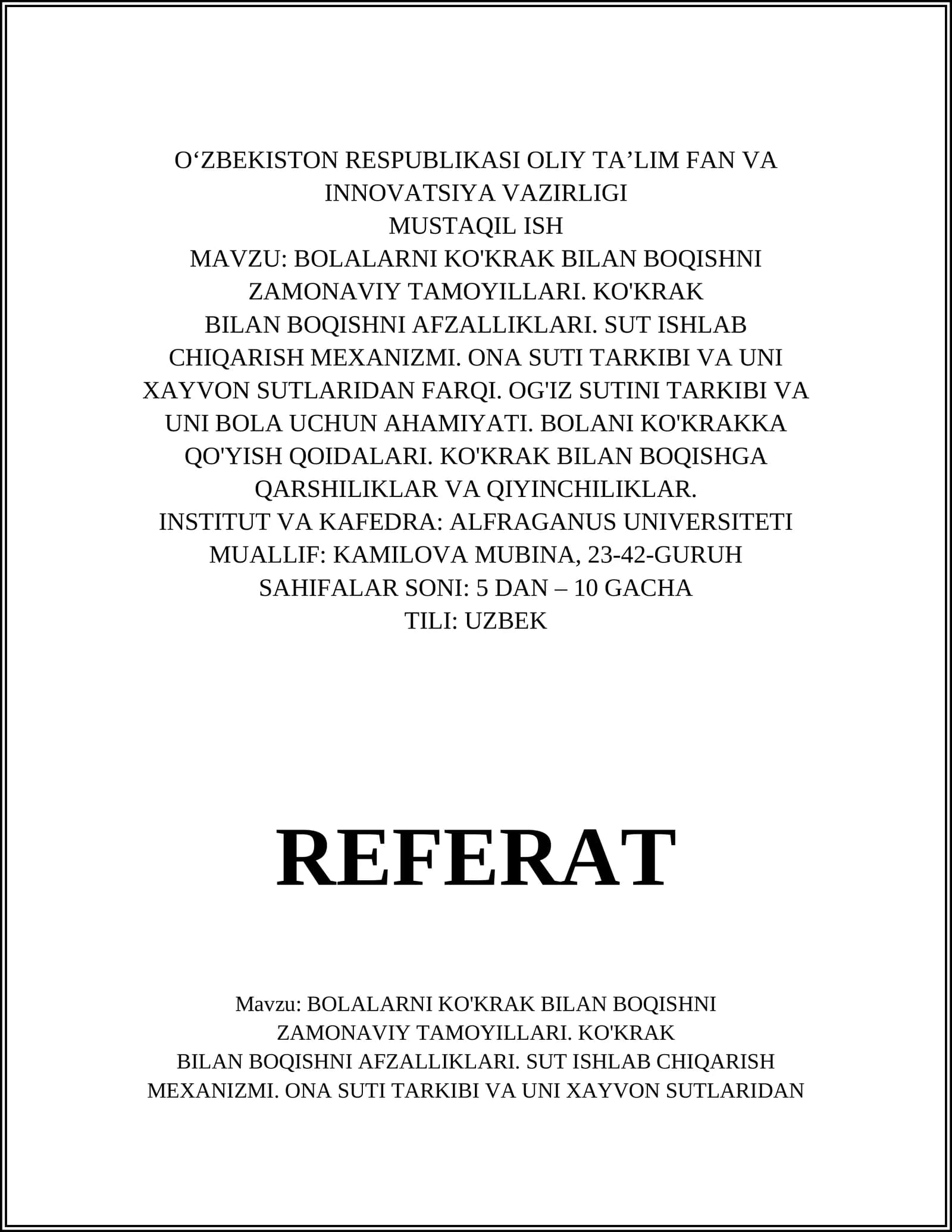 BOLALARNI KO'KRAK BILAN BOQISHNI