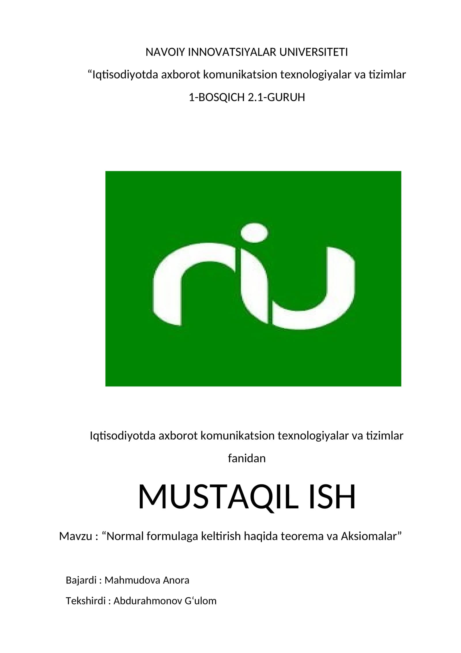 Normal formulaga keltirish haqida teorema va Aksiomalar