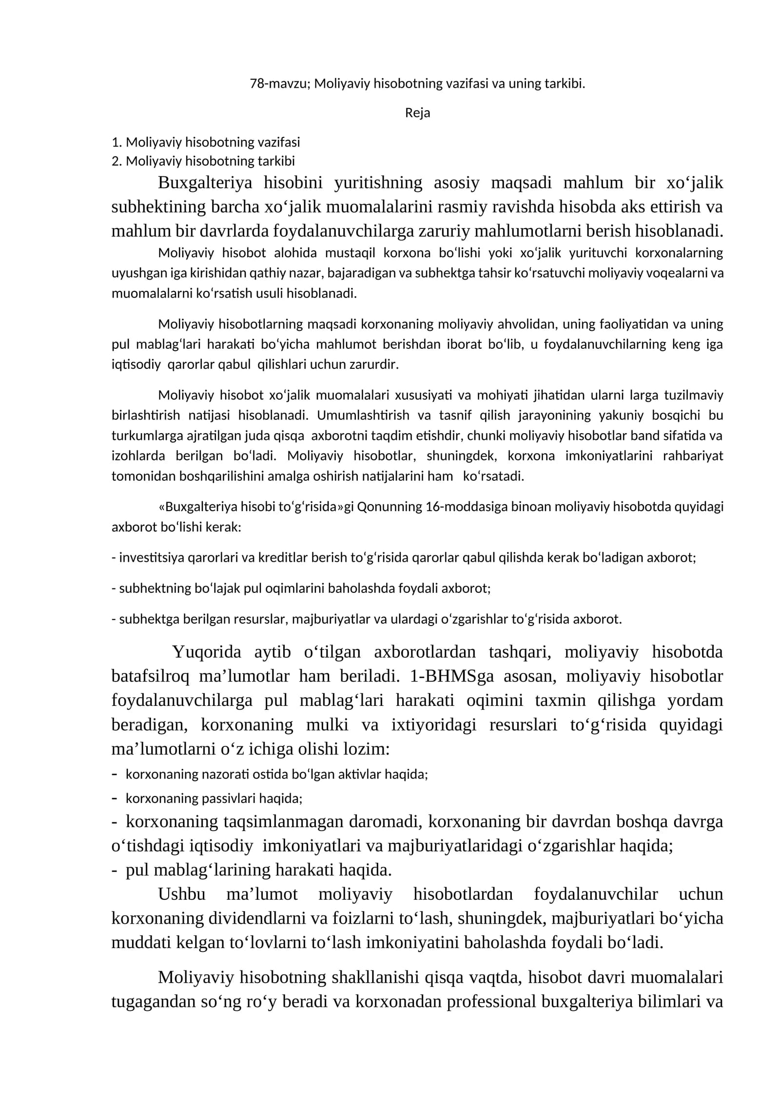 Moliyaviy hisobotning vazifasi va uning tarkibi