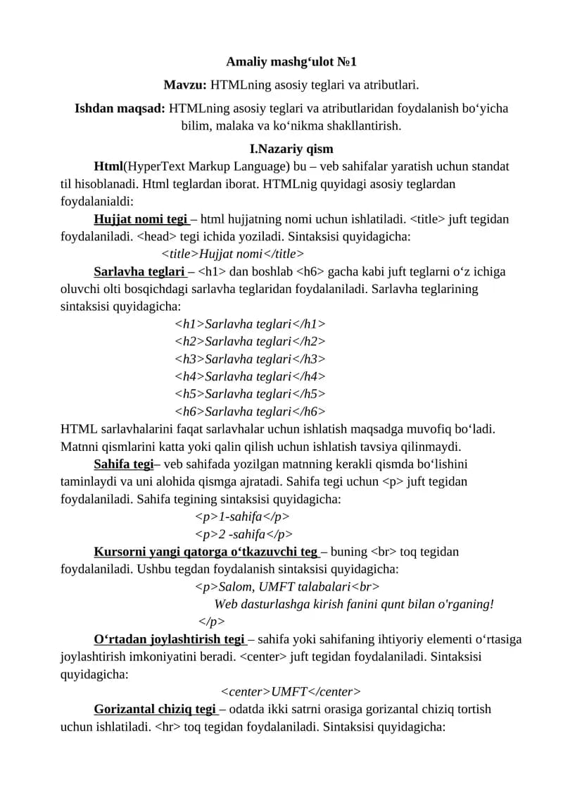 HTMLning asosiy teglari va atributlari