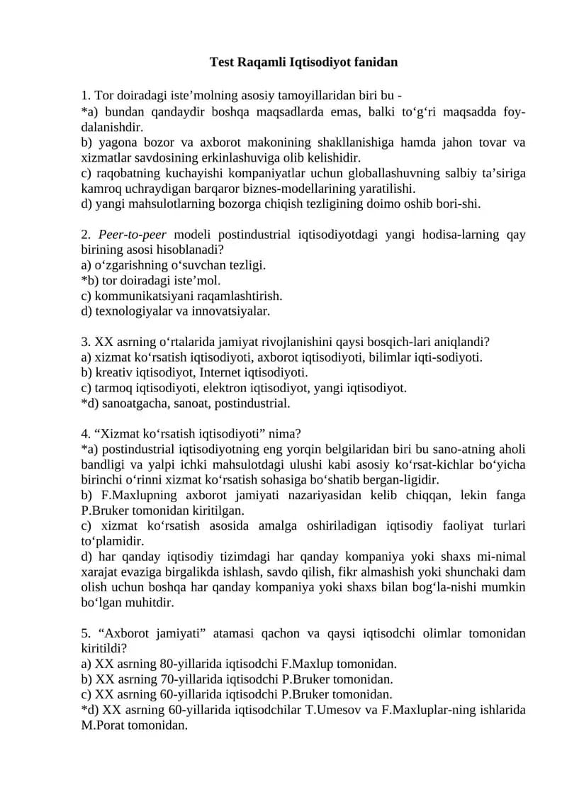 Raqamli Iqtisodiyot fanidan