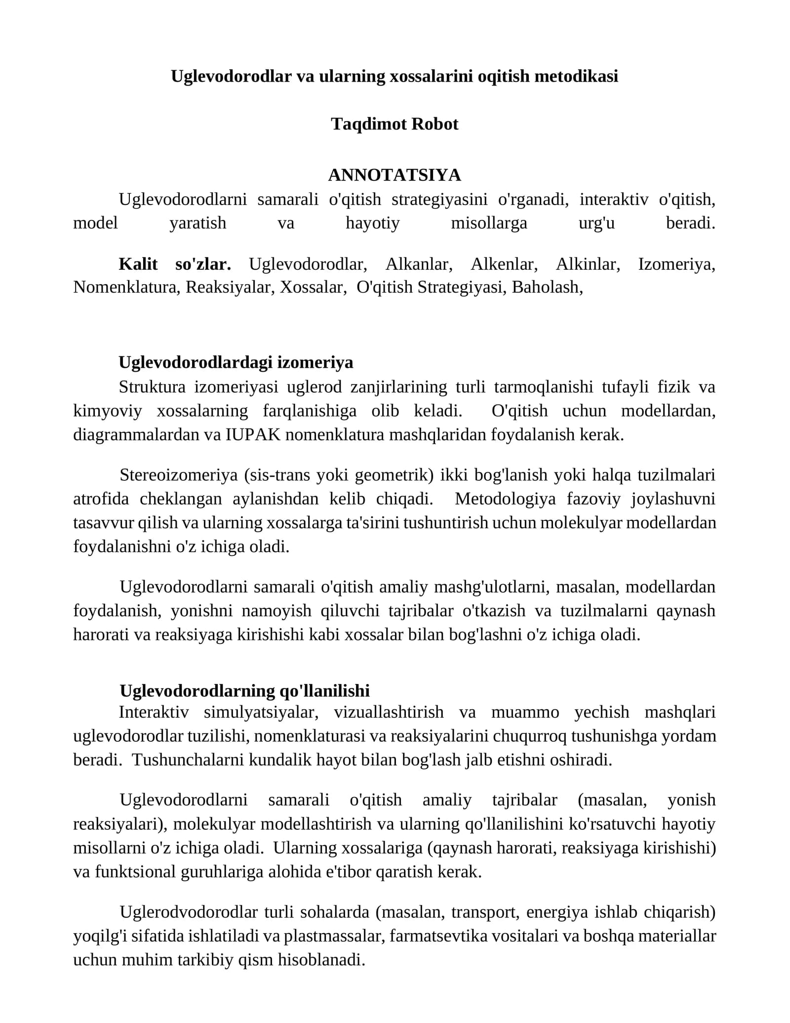 Uglevodorodlar va ularning xossalarini oqitish metodikasi