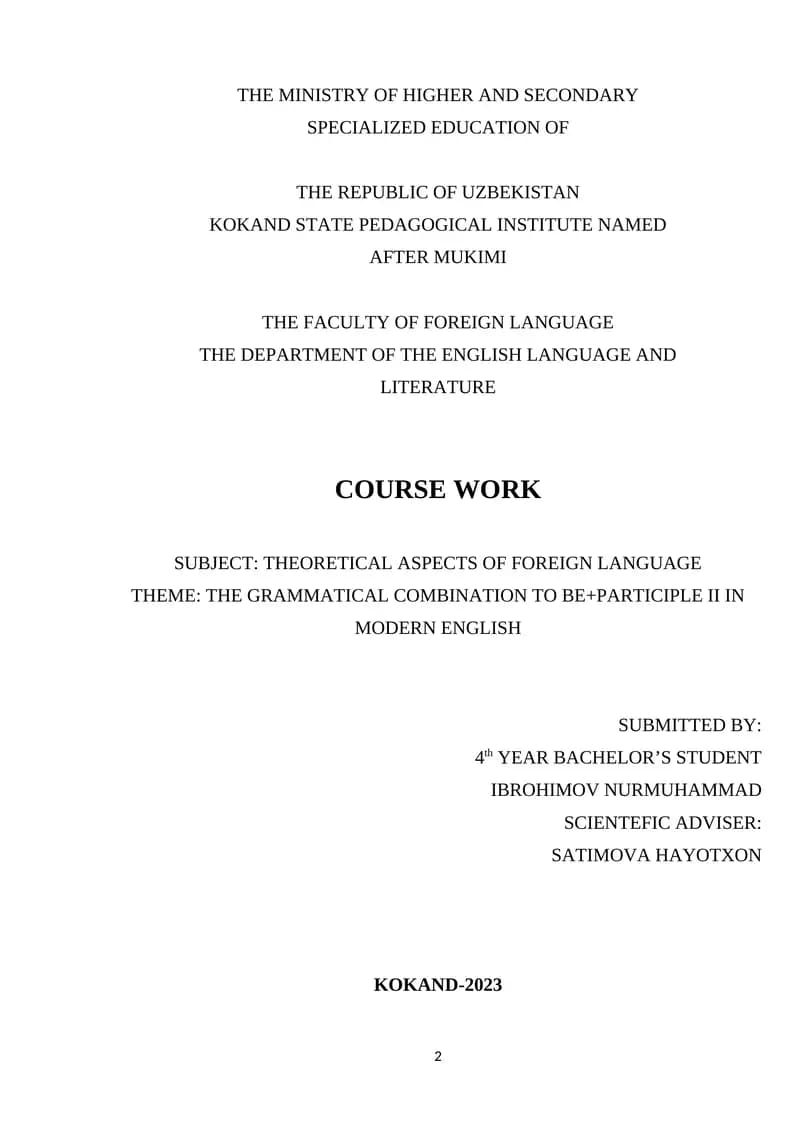 THE GRAMMATICAL COMBINATION TO BE+PARTICIPLE II IN MODERN ENGLISH