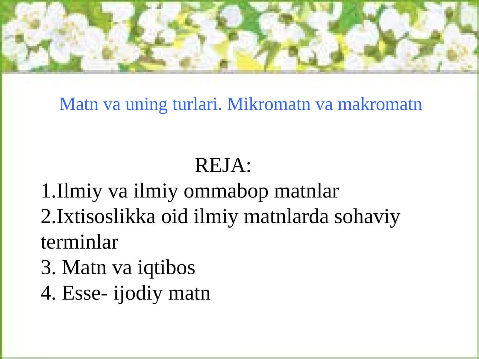 Matn va uning turlari. Mikromatn va makromatn