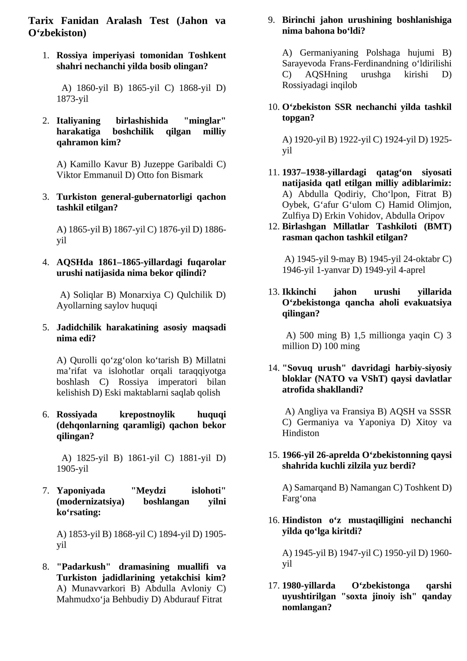 Tarix Fanidan Aralash Test (Jahon va O‘zbekiston)