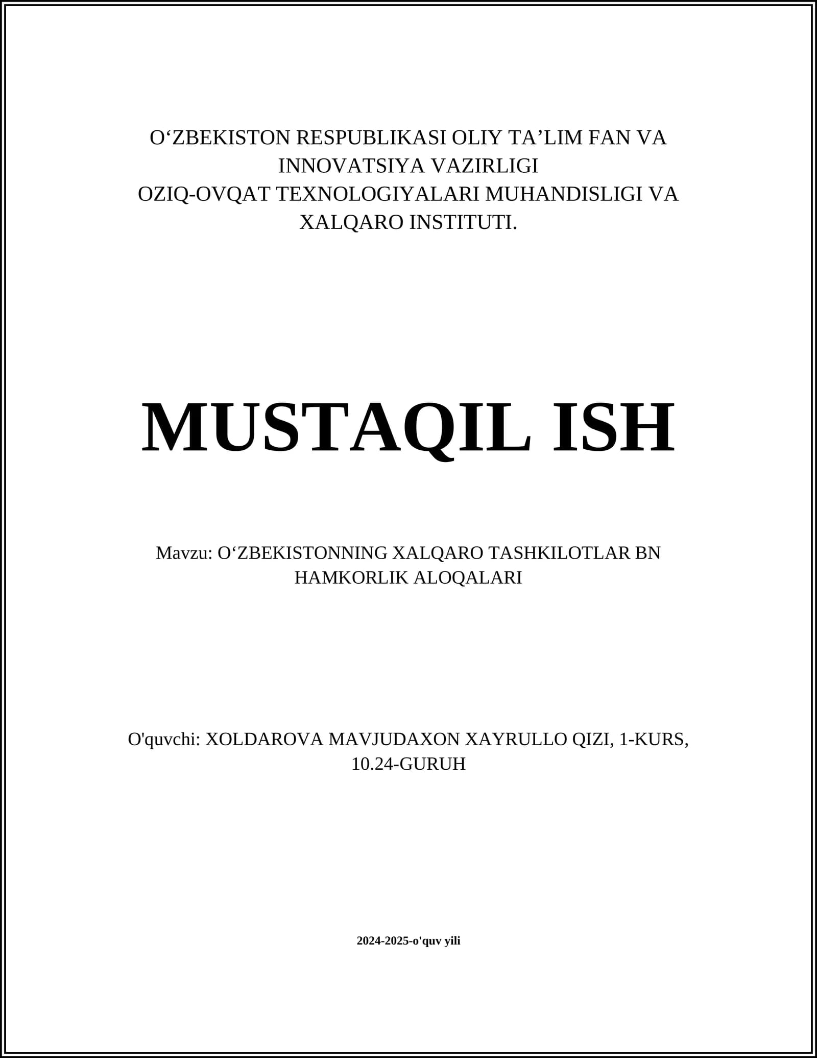 OʻZBEKISTONNING XALQARO TASHKILOTLAR BN HAMKORLIK ALOQALARI
