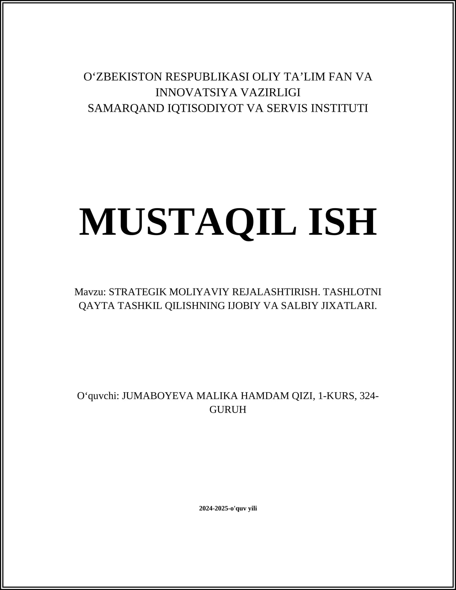 STRATEGIK MOLIYAVIY REJALASHTIRISH