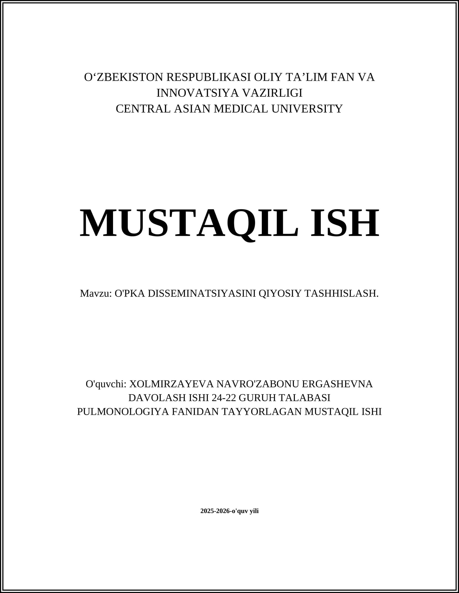 O'PKA DISSEMINATSIYASINI QIYOSIY TASHHISLASH