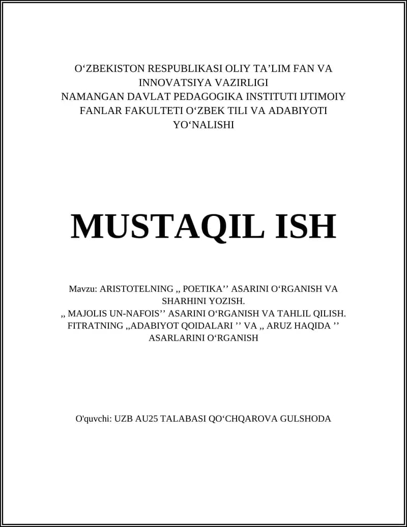 ARISTOTELNING "POETIKA" ASARINI OʻRGANISH VA SHARHINI YOZISH