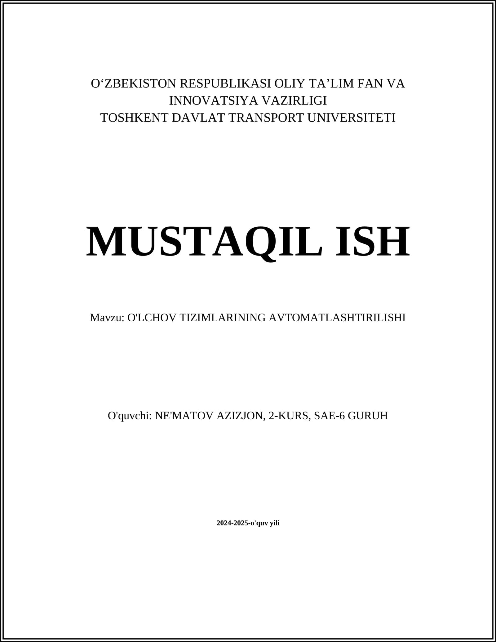 O'LCHOV TIZIMLARINING AVTOMATLASHTIRILISHI