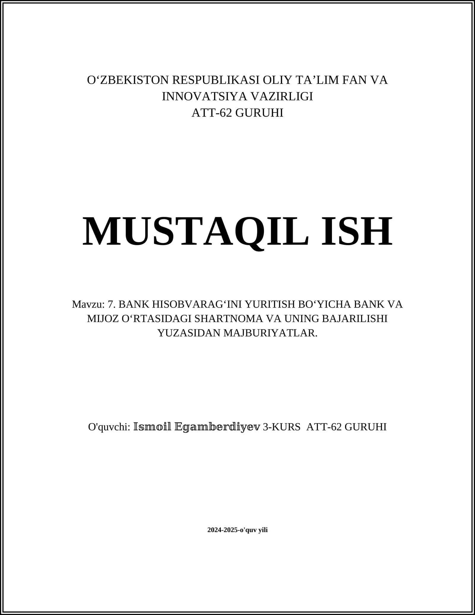 Bank hisobvarag‘ini yuritish shartnomasi