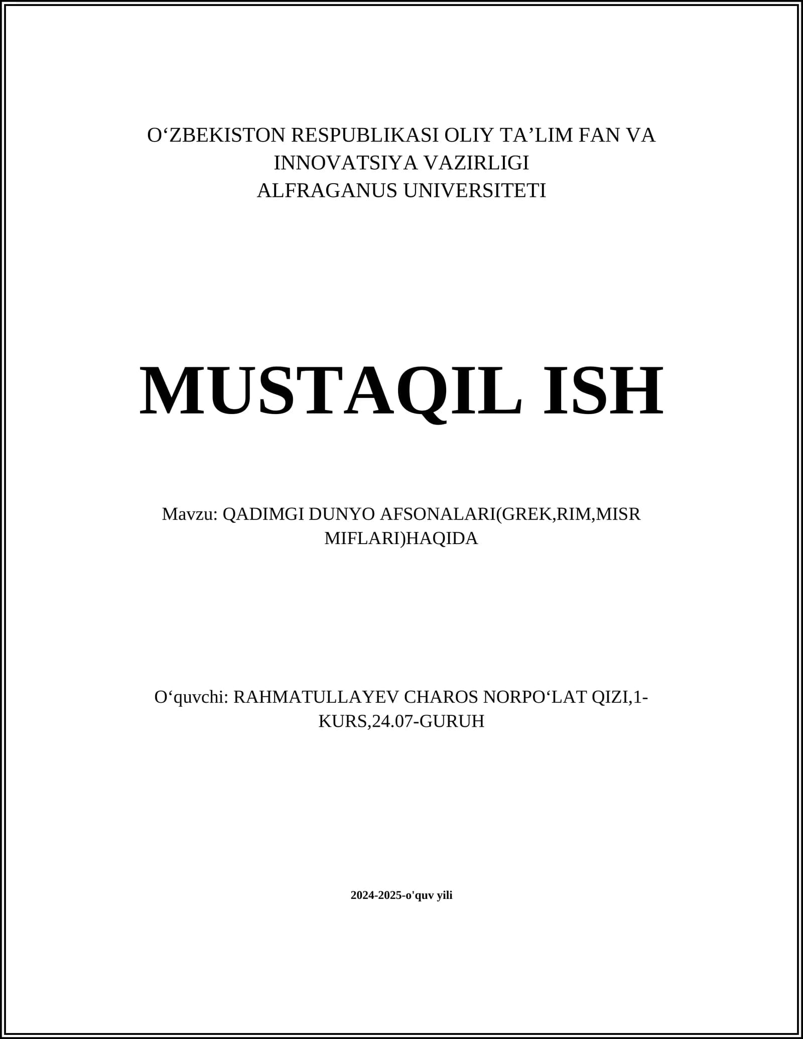 QADIMGI DUNYO AFSONALARI(GREK,RIM,MISR MIFLARI)HAQIDA