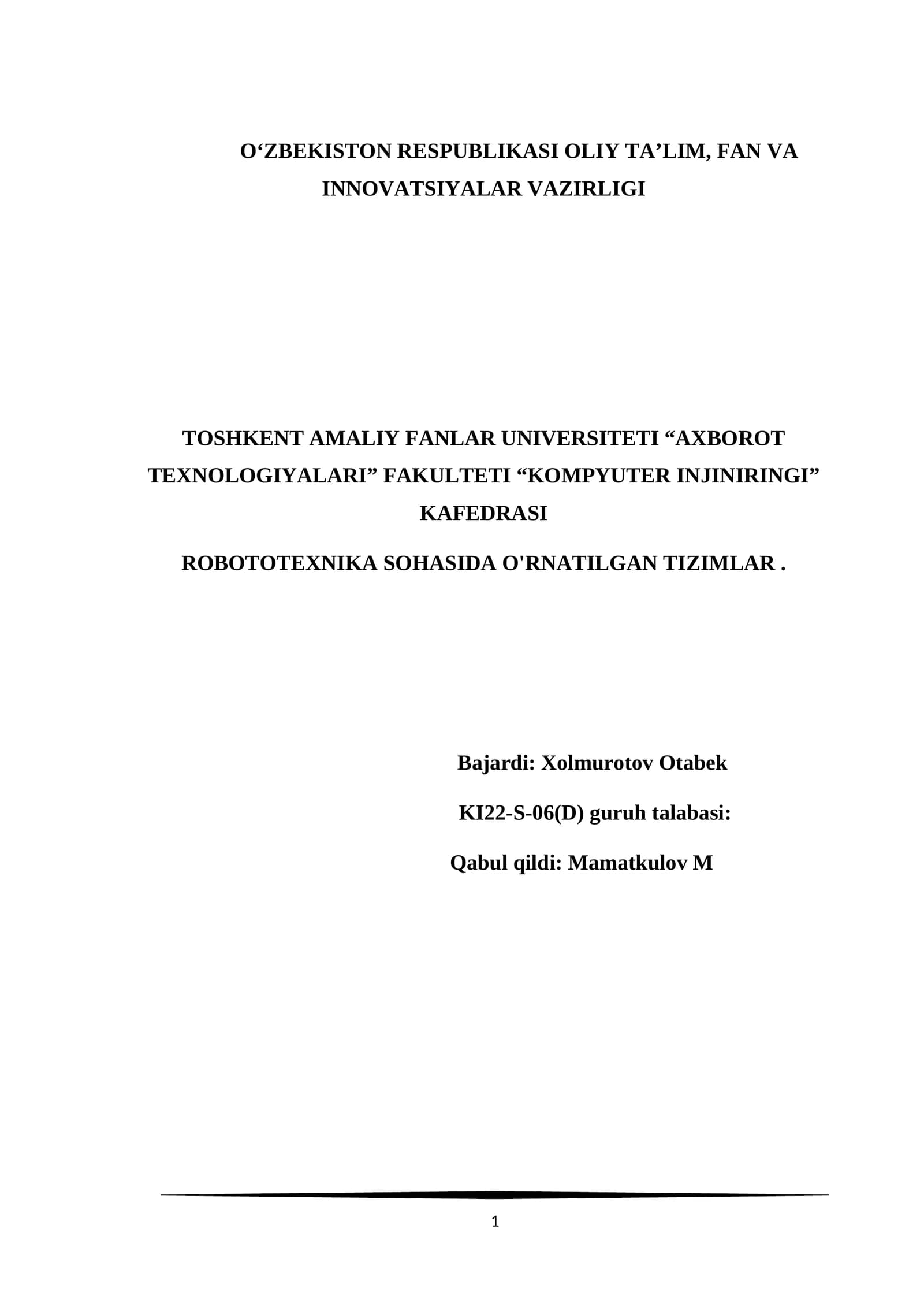 ROBOTOTEXNIKA SOHASIDA O'RNATILGAN TIZIMLAR